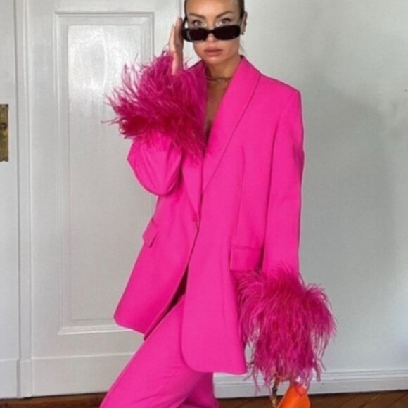 ZARA Straight Cut Feather Blazer Hot Pink size XSMALL - Picture 4 of 8